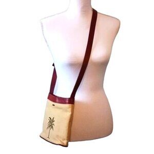 Scala Tan Canvas Palm Tree Bag Brown Leather Trim and‎ Adjustable Strap